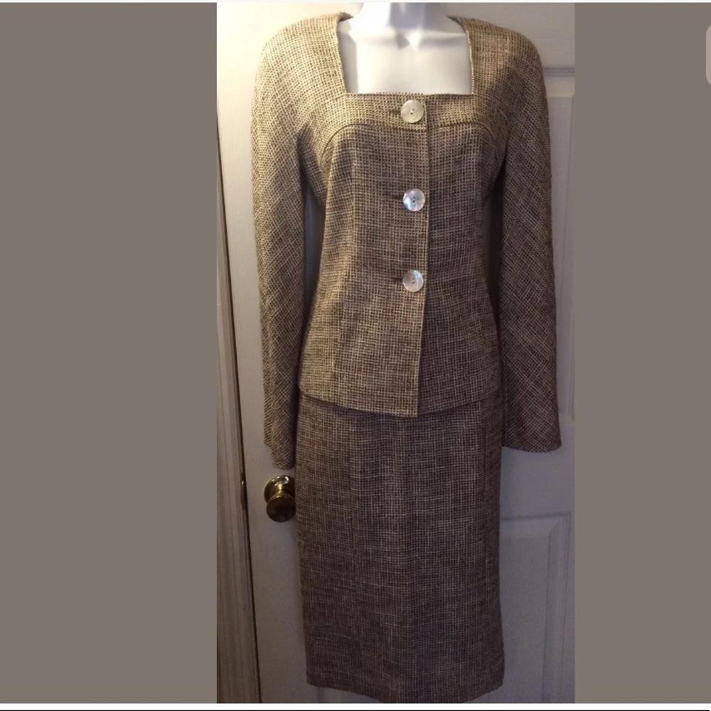 LAFAYETTE 148 Skirt Blazer Power Suit Set Taupe Tweed Linen Blends 2 Piece Beige